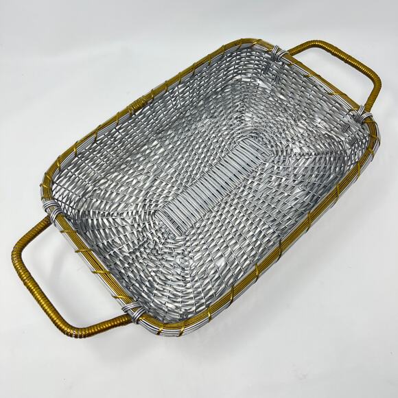 Vintage Mid Century Casserole Holder Woven Aluminum Brass Table Serving Basket - Picture 9 of 15